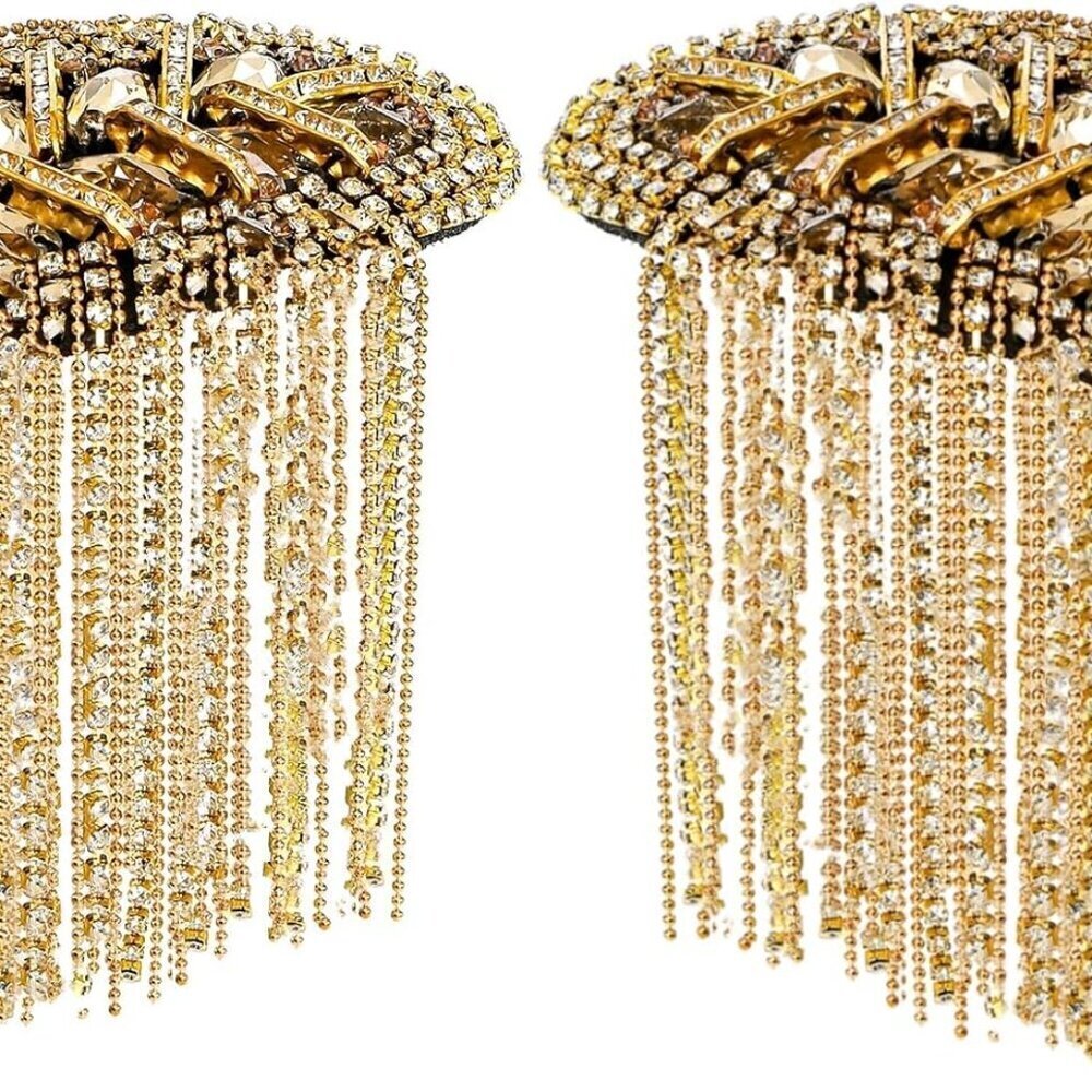 2 Pack Tassel Shoulder Epaulette Metal Pins Beaded Badge for Cosplay Costume